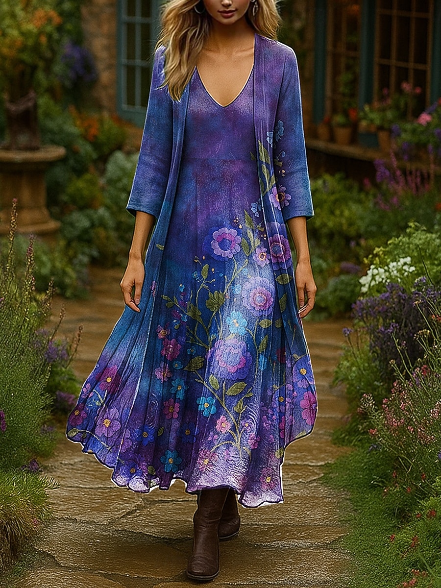 Femmes Robe Ensemble Robe Maxi Robe trapèze Vacances Boho Fleuri Graphique Superposé Imprimé Robe maxi Manche 3/4 Col en V Extérieur Quotidien Rouge Bleu Violet Claire Été Printemps Coupe régulière de 2025 ? $51.99 –P1
