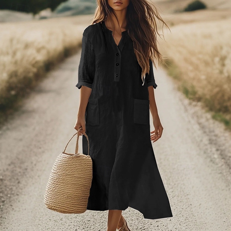 Per donna Abito Midi Abito Camicia Abito in cotone e lino Classico Moderno All'aperto Vacanza Uscire Vestibilità regolare Semplice Manica Lunga Scollo a V Nero Viola Arancione Azzurro Autunno del 2025 a $24.99 –P3