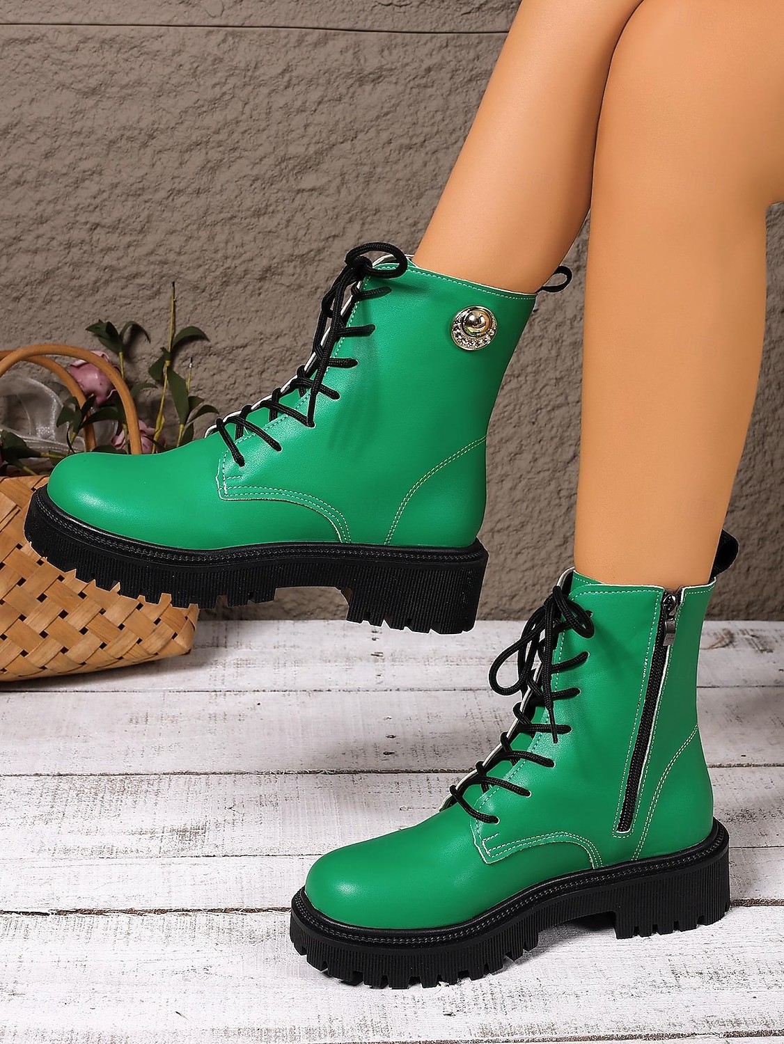 Bottines de combat jaunes à lacets pour femmes – Bottines à plateforme épaisses et audacieuses avec fermeture éclair latérale, style streetwear punk pour l'automne et l'hiver de 2025 ? $34.99 –P2