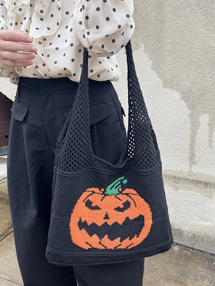 Dámská pletená taška s motivem dýně na Halloween, černá kabelka přes rameno, ležérní nákupní taška na koledování na festivaly, večírky a každodenní nošení 2025 - $14.99 –P3