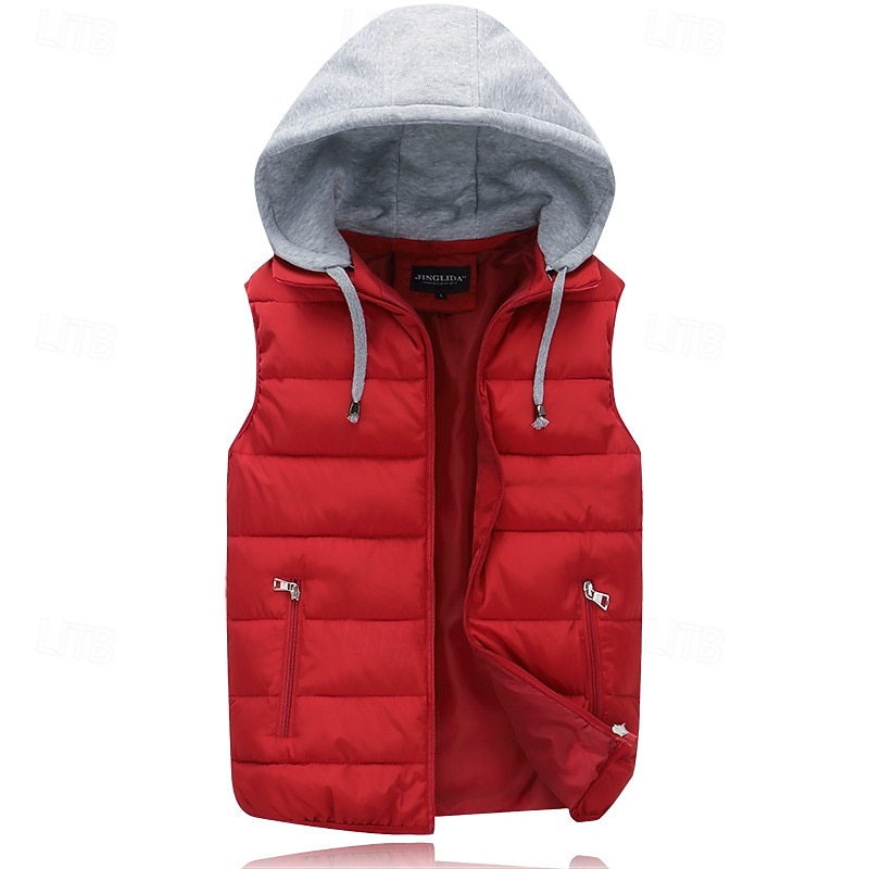 Herr Pufferväst Väst Gilet Semester Dagligen Datum Mode Ledigt Vinter Ficka Polyester Håller värmen Bekväm Ensfärgat Dragkedja Huva Normal Svart Rubinrött Orange Mörkblå Väst 2025 - $26.99 –P11