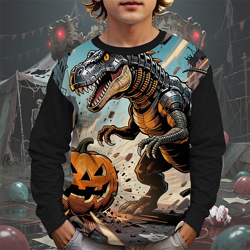 Halloween Pojkar 3D Tecknat Pumpa Dinosaurie T-shirt Långärmad Vår Höst Mode Grundläggande Barn 4-12 år Rund hals Utomhus Ledigt Dagligen Normal 2025 - $13.99 –P3