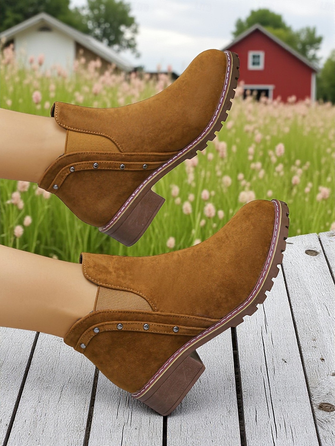 Botines Chelsea de tacón grueso para mujer: botines de punta redonda con detalle de tachuelas para la moda de otoño, visitas a granjas y paseos al aire libre. 2025 - $24.99 –P6