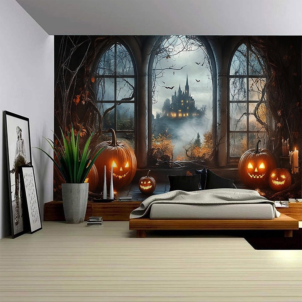 Halloween Witch Window Tapestry, Spooky Full Moon and Flying Witch Silhouette Wall Hanging, Polyester Fabric Haunted House Decor for Living Room, Bedroom, Dorm, or Party, Wrinkle-Free, Easy to Hang, Gothic Room Aesthetic Decoration 2025 - $12.49 –P2
