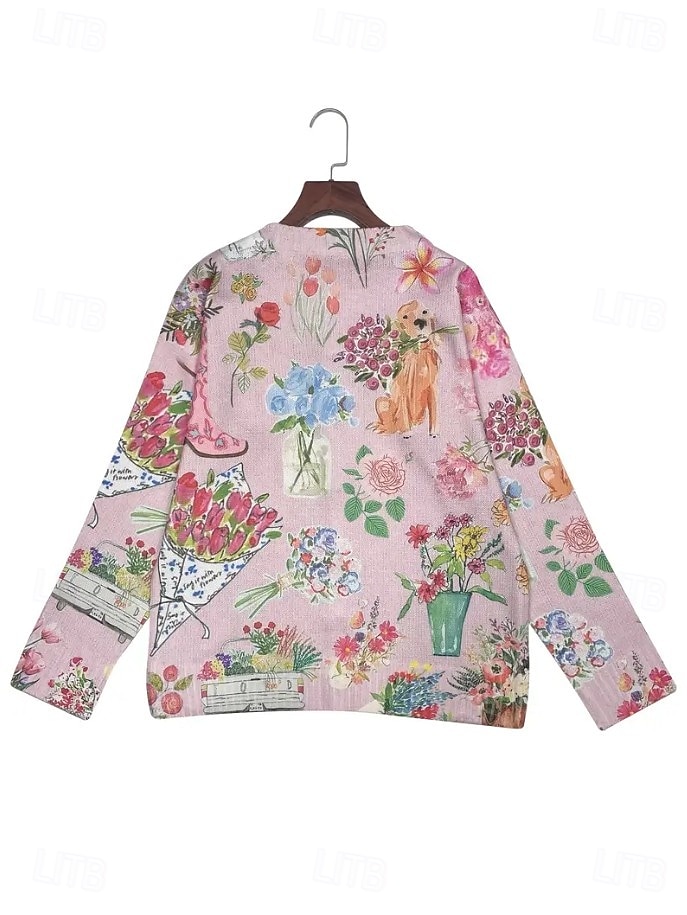 2025年 レディース カーディガン セーター ニット リブ編み ボタン フロント ラウンドネック 長袖 軽量 女性 デイリー アニマル クルーネック ボタン プリント ロング トップス ニット アウトドア ウィークエンド ピンク 秋 冬  コレクション – $36.99 –P4