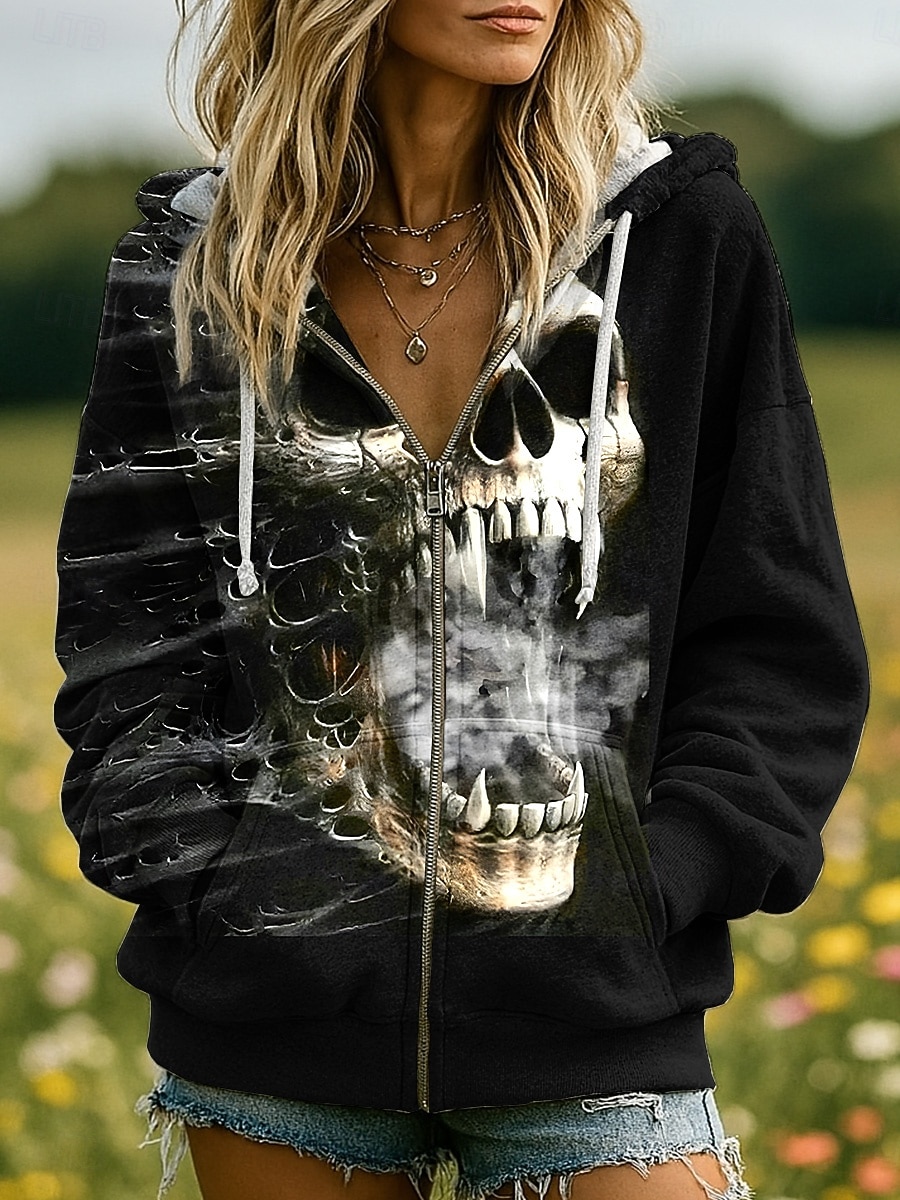 Mulheres Moletom com zíper Gráfico Caveiras Abóbora Moda Casual Manga Longa Com Capuz Tops regulares Rua Dia a Dia Zíper Bolsos Imprimir Preto Vermelho Laranja Marron Cinzento Primavera Outono Inverno de 2025 por $26.99 –P5
