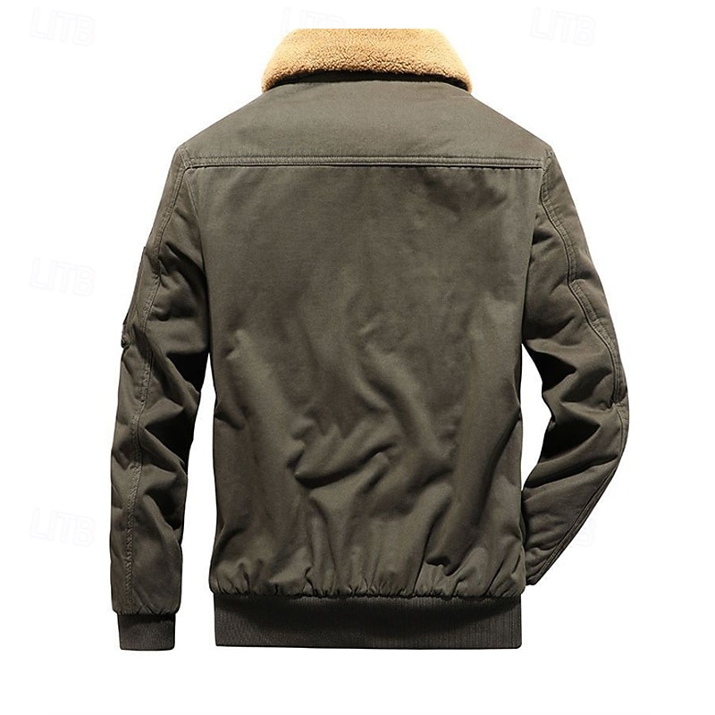 Men's Winter Jacket Bomber Jacket Fleece Jacket Vacation Daily Thermal Warm Pocket Fleece Winter Plain Fashion Streetwear Lapel Regular Black Khaki Army Green Jacket 2026 - $57.99 –P5