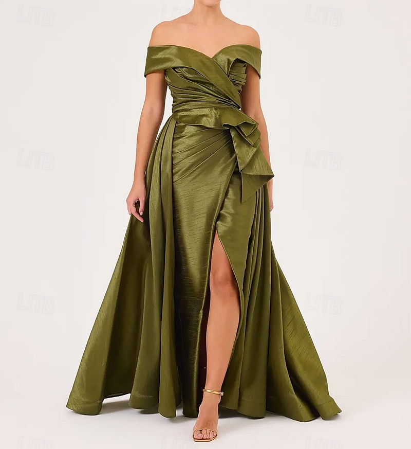Abito da sera formale a linea A scollato con spalle scoperte taffetà elasticizzato stile celebrità abito formale matrimonio lungo fino al pavimento senza maniche con pieghe ruches e spacchi del 2025 a $159.99 –P2