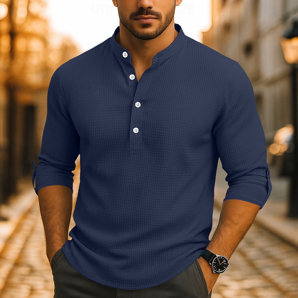Per uomo Camicia Camicia popover Camicia casual Camicia da Spiaggia Camicia a maglia a nido d'ape Nero Bianco Blu marino Arancione Manica Lunga Semplice Collo alla coreana Vacanza Camicia hawaiana del 2025 a $22.99 –P4