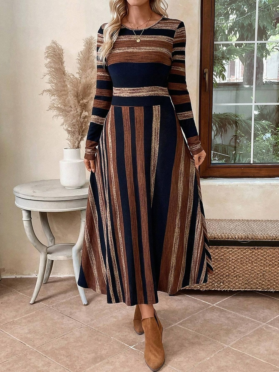 Damen Midikleid A Linie Kleid Figurbetontes Kleid Lässig Normale Passform Grafik Geometrisch Langarm Rundhalsausschnitt Braun Sommer Herbst Winter 2025 - $36.99 –P4