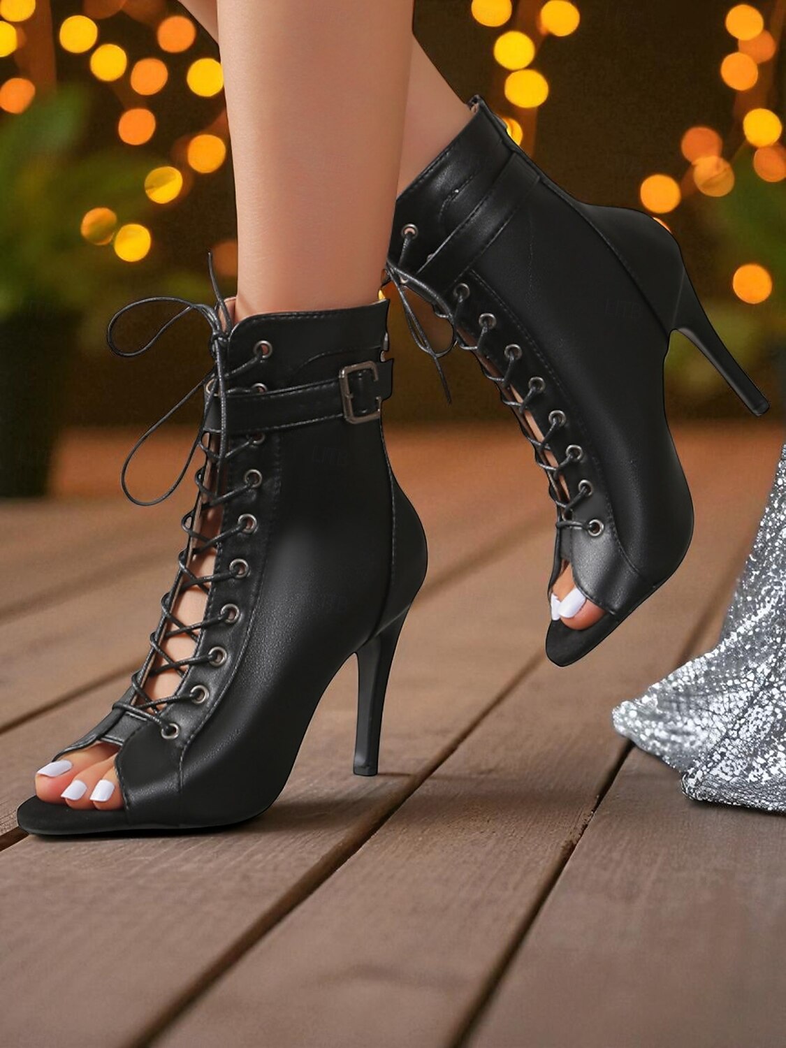 Botas femininas pretas de salto alto com cadarço e bico fino - botas de salto alto com fivela para festas noturnas e trajes de clube de 2025 por $32.99 –P4