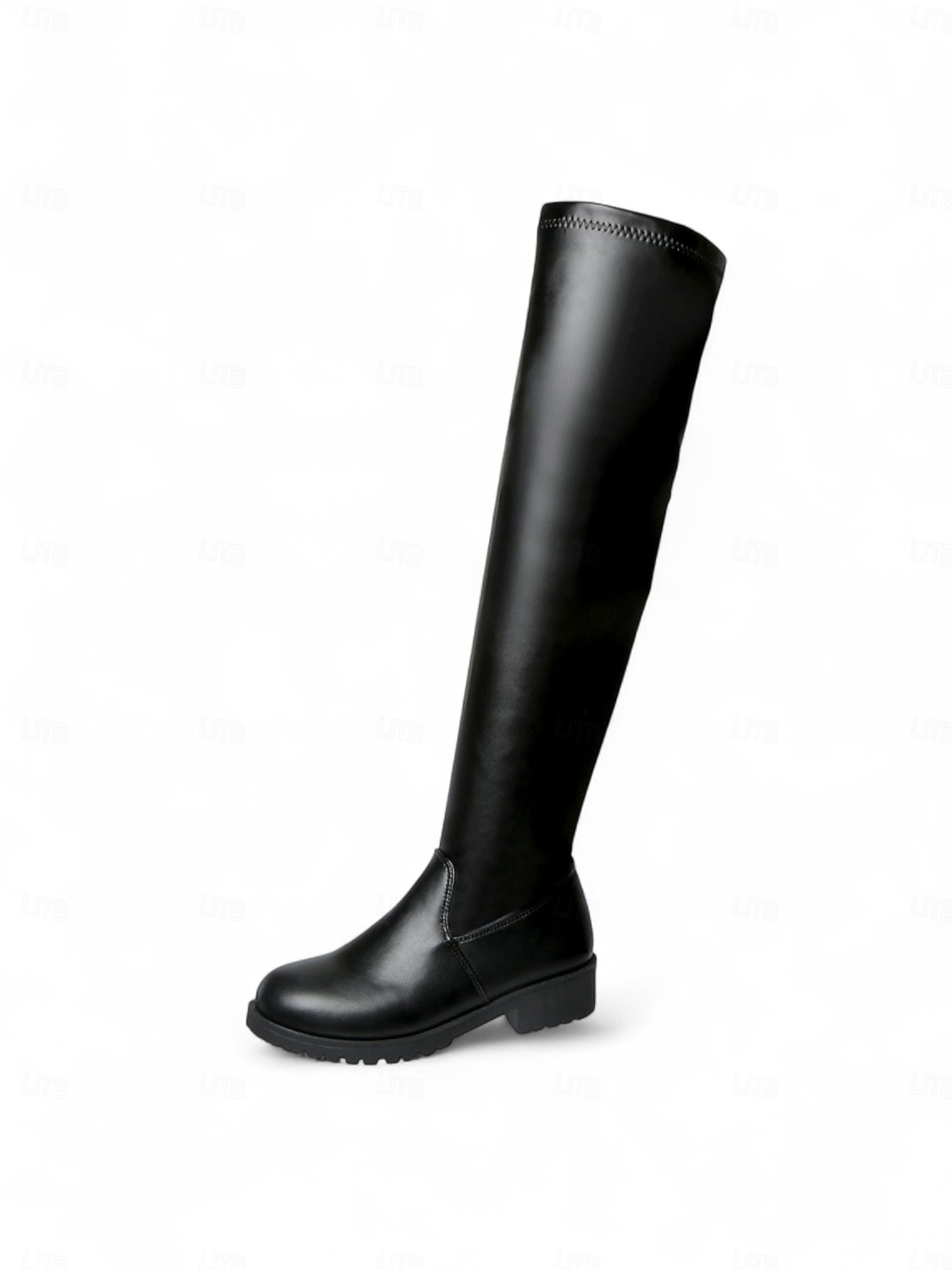Svarte damestøvletter over kneet med lav hæl og sleip såle, elegante urbane motesko i kunstskinn 2026 - $46.99 –P2