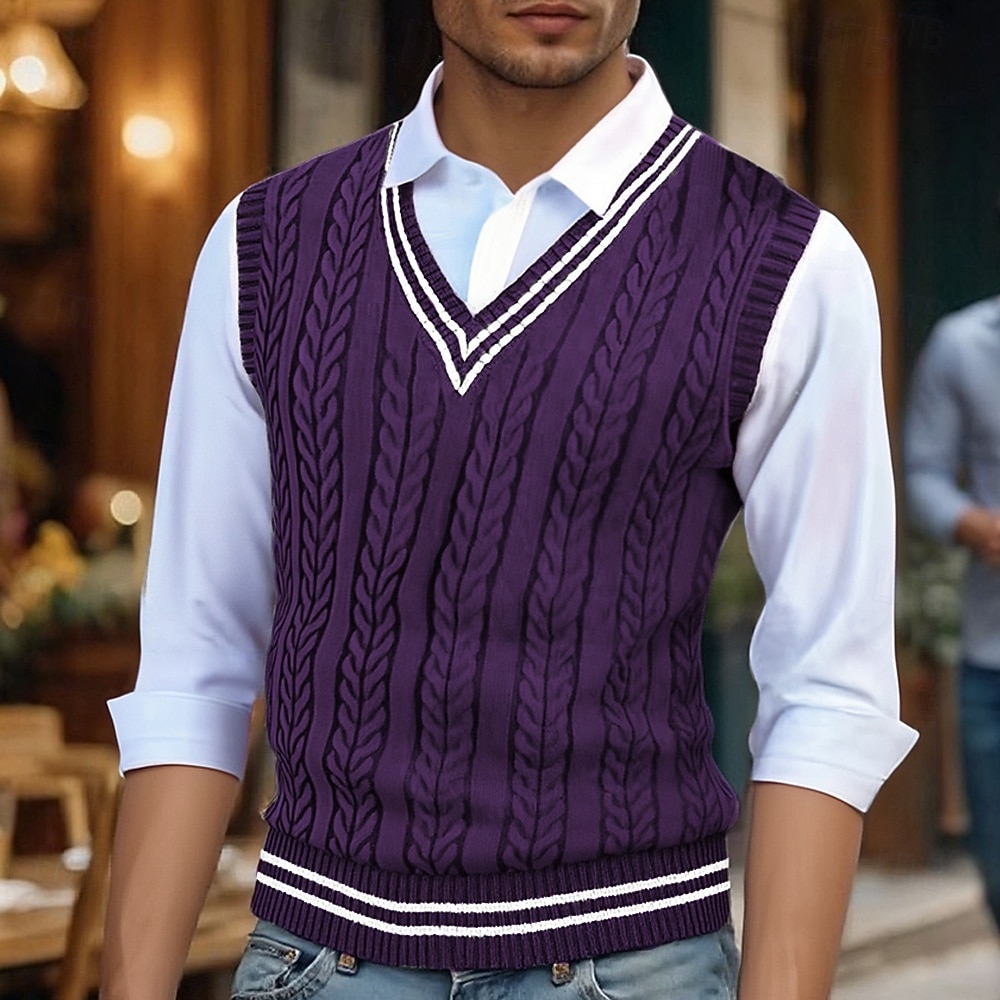 Pánské Svetrová vesta Šaty svetr Pulovrový svetr Vesta Pletený svetr Rýhovaný Kabel Plést Běžné topy Pletený Barevné bloky Do V Módní Na běžné nošení Dovolená Denní nošení Oblečení Podzim Zima Vínov 2025 - $21.99 –P7