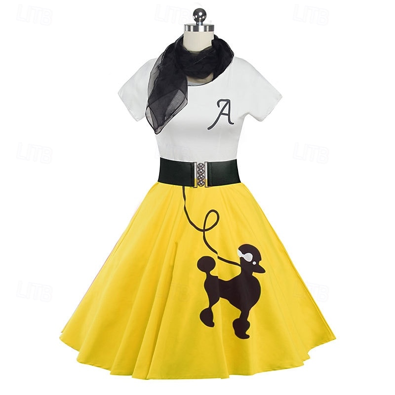 Retro / vintage Femtiotal Grease-kläder Klänningar Kläder Pudelkjolar Tryck Maskeradkläder Dam Karnival Maskerad Prestanda Fest Vuxna Klänning Skärp Halsduk 2025 - $40.99 –P4