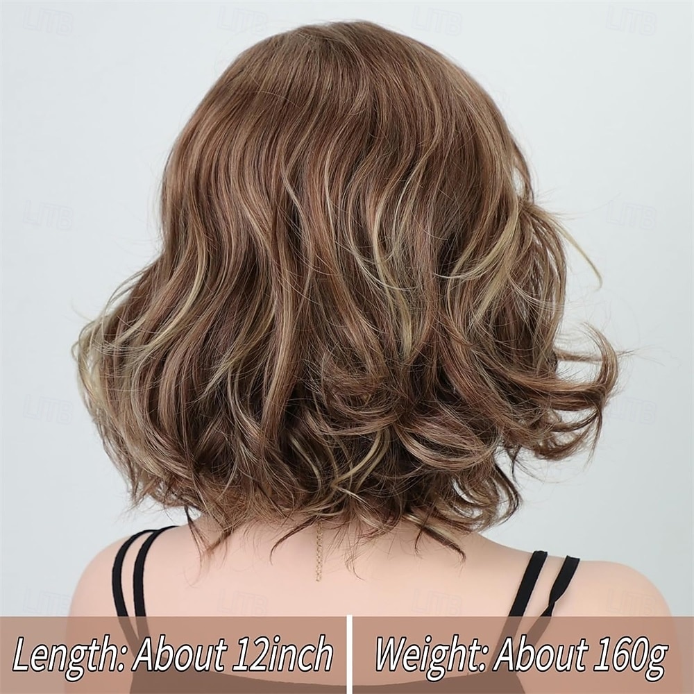 Brown Mix Blonde Short Wavy Bob Wigs for White Women Layered Casual Bob ...