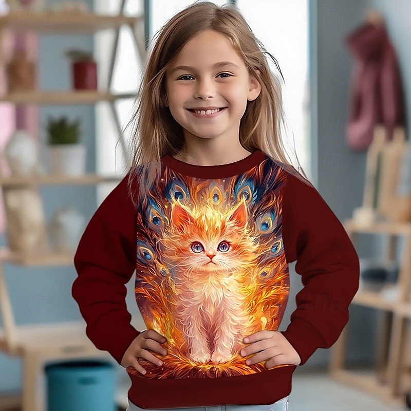 Flickor 3D Katt Tröja Långärmad Vår Höst Mode Grundläggande Barn 4-12 år Rund hals Utomhus Ledigt Dagligen Normal 2025 - $17.49 –P1