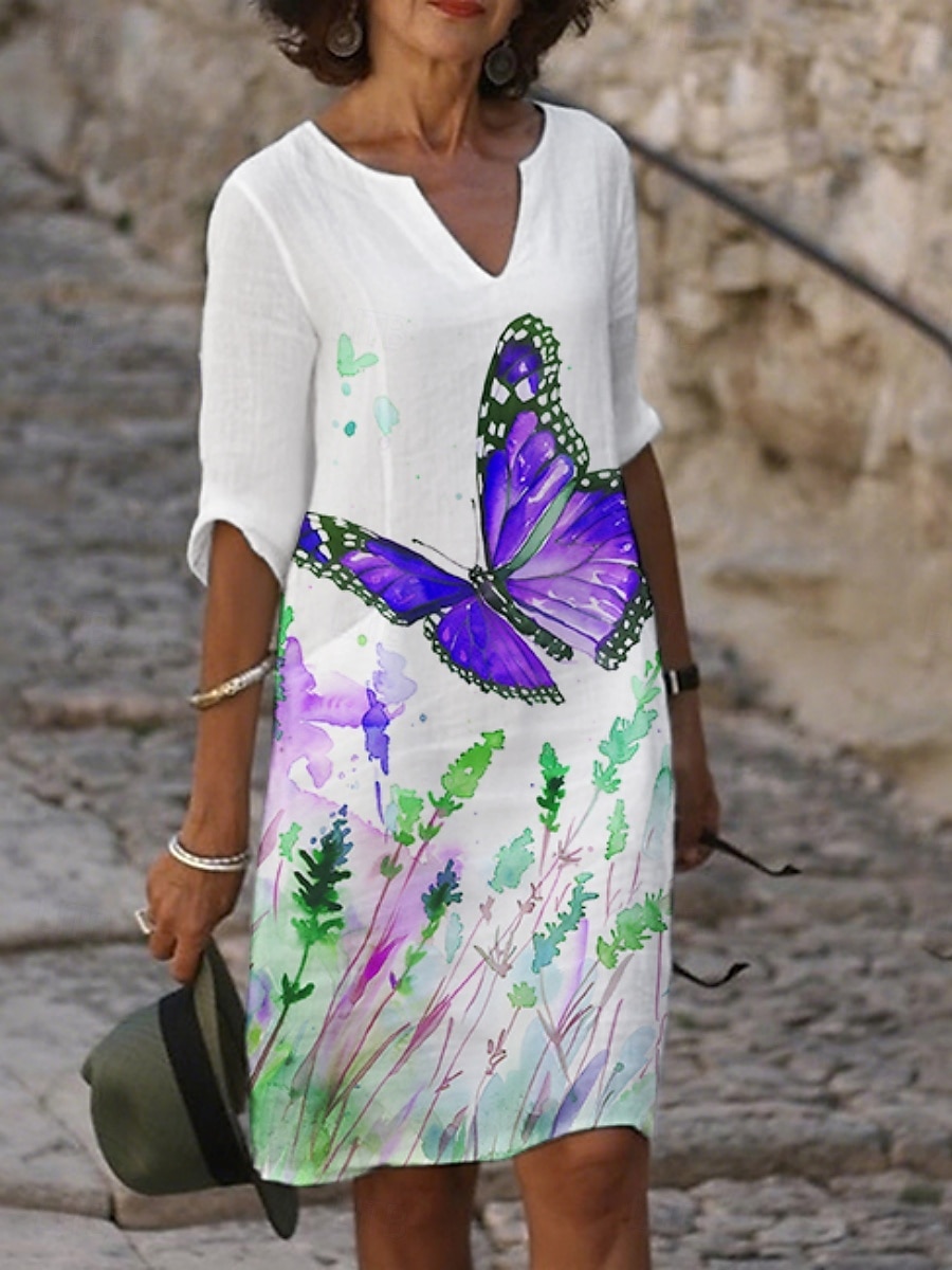Femmes Robe Midi Robe Décontractée Robe Imprimée Mode Moderne Quotidien Plage Week-end Coupe régulière Fleuri Papillon Manche 3/4 Col ras du cou Jaune Bleu Violet Orange Été Printemps Automne de 2025 ? $21.99 –P3