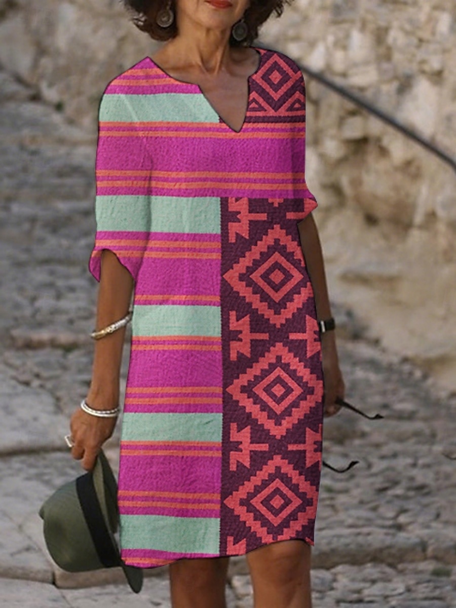 Femmes Robe Midi Robe Décontractée Robe Imprimée ancien Quotidien Plage Week-end Coupe régulière Géométrique Manche 3/4 Col ras du cou Bleu Violet Fuchsia Orange Été Printemps Automne de 2025 ? $21.99 –P5