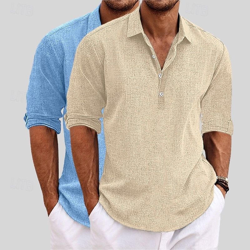 Herren Hemd Leinenhemd Sommerhemd Strandbekleidung Einfach Urlaub Lässig Khaki + Schwarz Blau+Khaki Grau+Khaki Weiss + schwarz Langarm Revers Sommer Frühling Bekleidung 2025 - $29.99 –P7