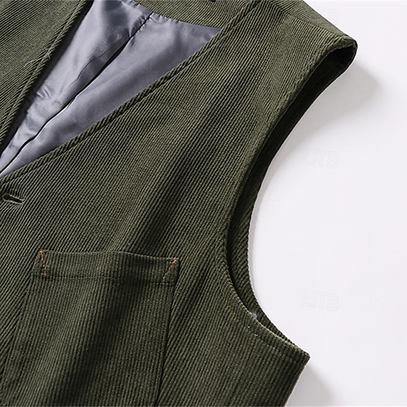 Herren Cordweste Weste Gilet Urlaub Party Geschäft Mode Lässig Frühling Herbst Tasche Knöpfe Polyester Bequem Einfach Einreihig Ein-Knopf V Ausschnitt Normale Passform Schwarz Grün Kaffee Weste 2025 - $38.99 –P4