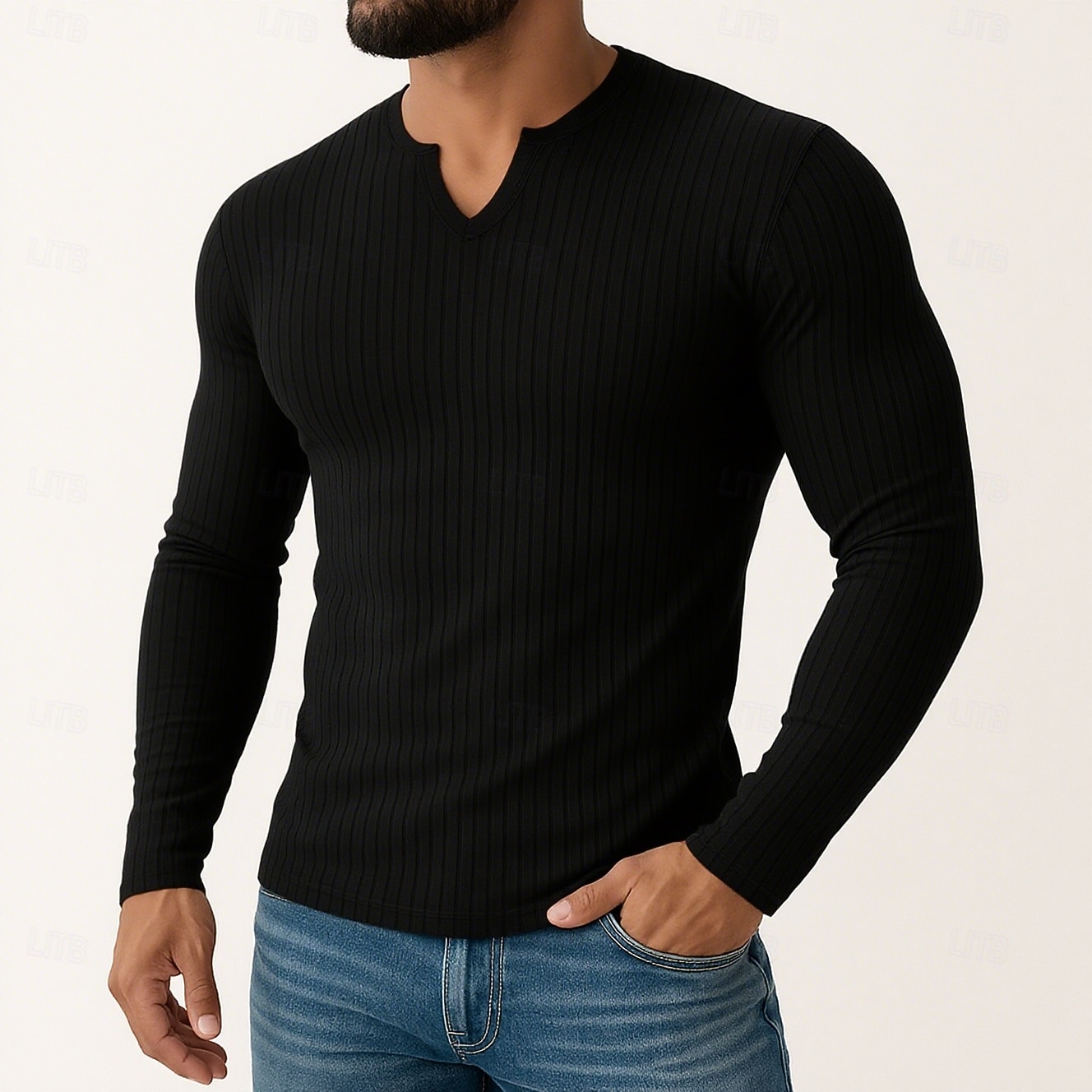 Homens Camiseta Camiseta de malha canelada T-shirt Camisa de manga longa Manga Longa Decote V Verão Todas as Estações Tecido Pit Strip Moda Designer Básico Tricôt Puro Férias Rua Casual Preto Branco de 2025 por $16.49 –P5