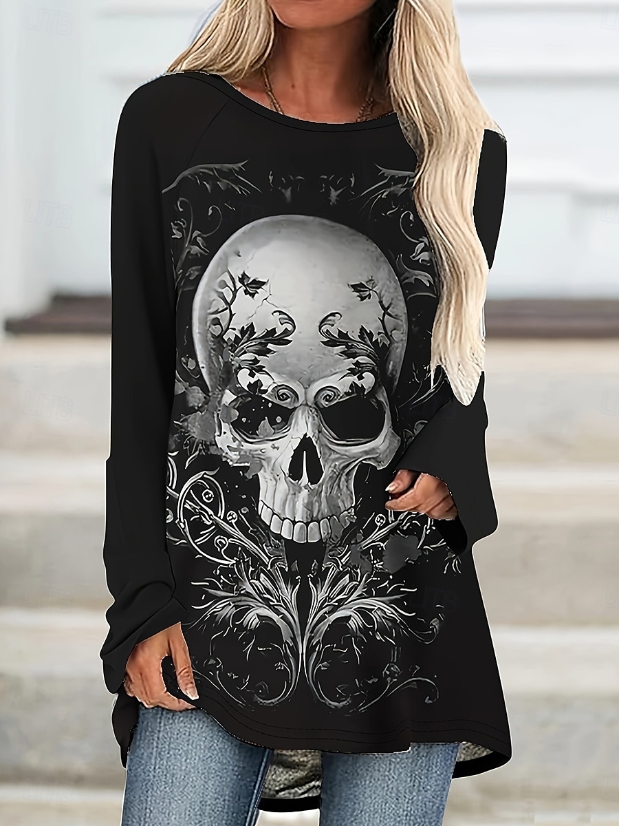 Camiseta de Halloween para mujer calaveras gráfica vintage estilosa casual de manga larga cuello redondo tops largos impresión diaria negro gris primavera otoño 2026 - $26.99 –P2