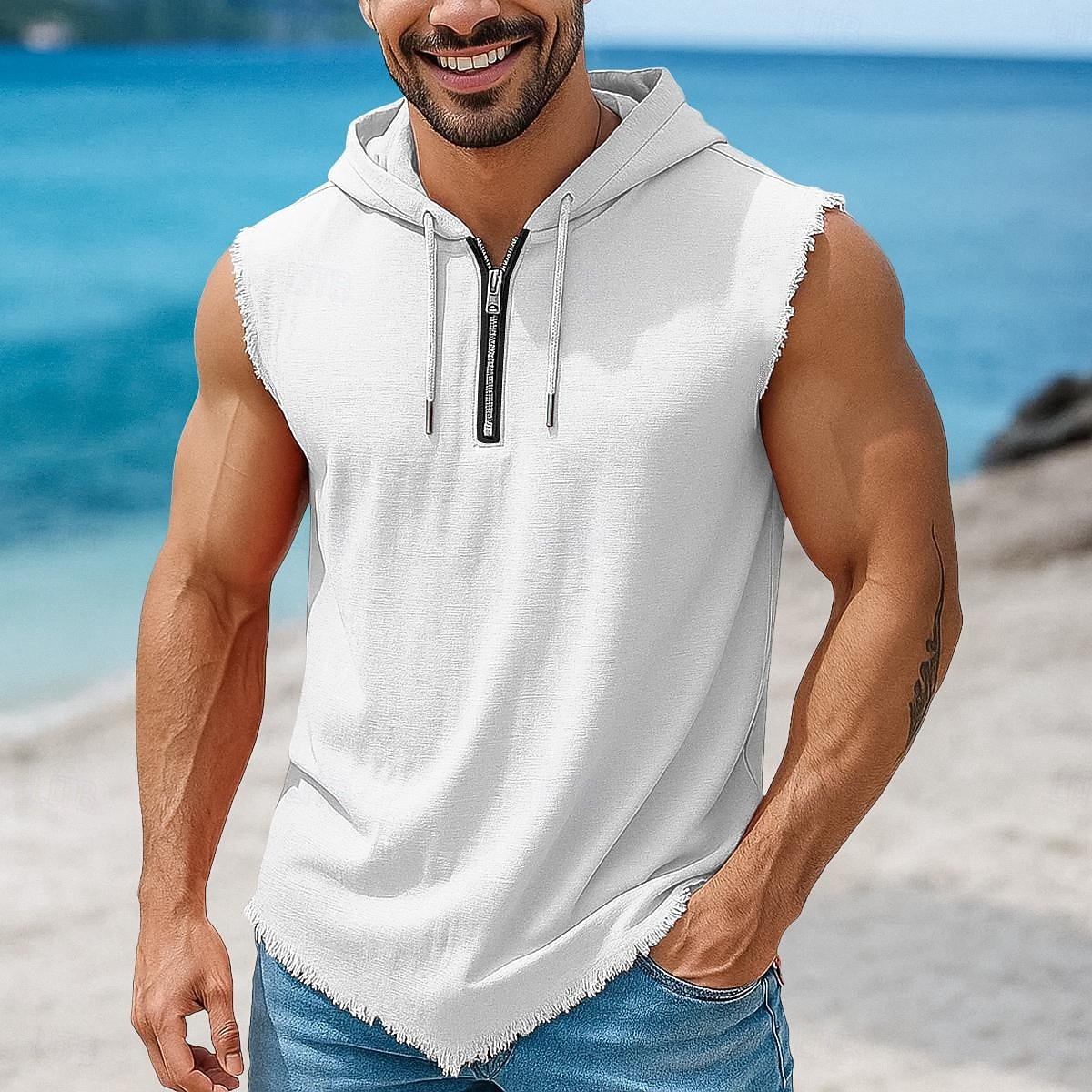 Bărbați Cămașă de in Bluză Vestă Sub Cămașă Fără manșon Capișon Vară Simplu Modă Clasic Modern Quarter Zip Casual Sală de Fitness Stradă Kaki Top tricou pentru bărbați 2026 - $20.99 –P1