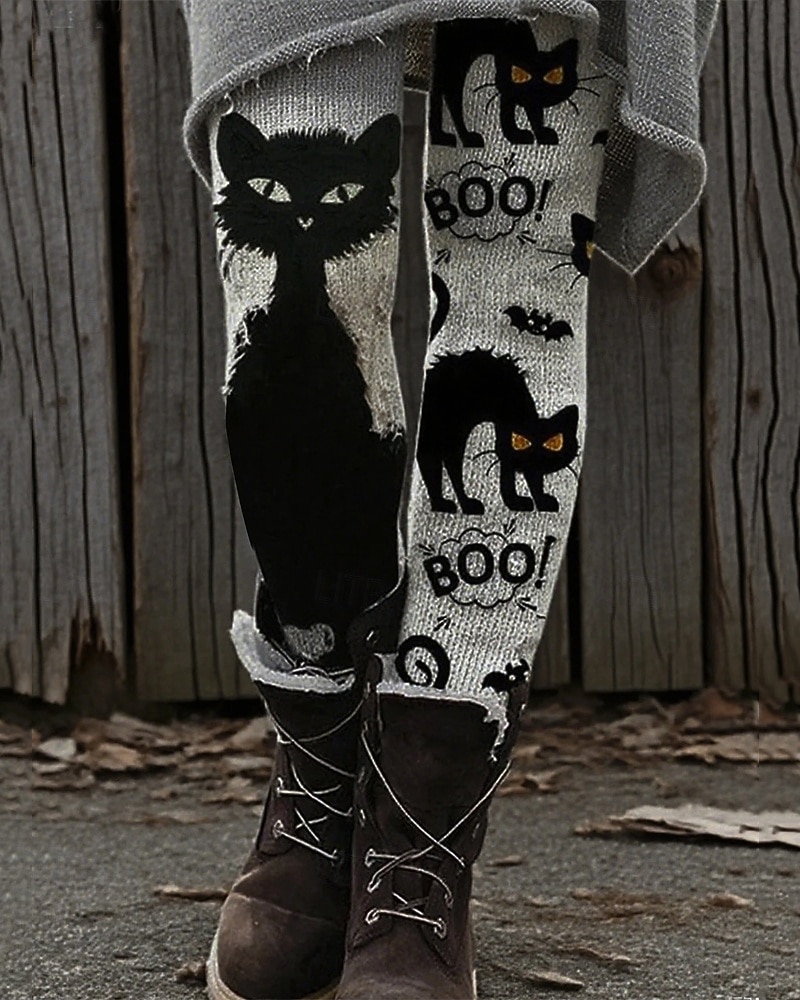 2025年 女性用 パンツ レギンス 心地よいレギンス ストリートファッション カジュアル 全長 ハイウエストPantsHalloween 猫 弾性ウエスト プリント 通気性 快適 伸縮性あり バケーション ストリート デイリーウェア ブラック 春 秋 レギュラー  コレクション – $23.99 –P1