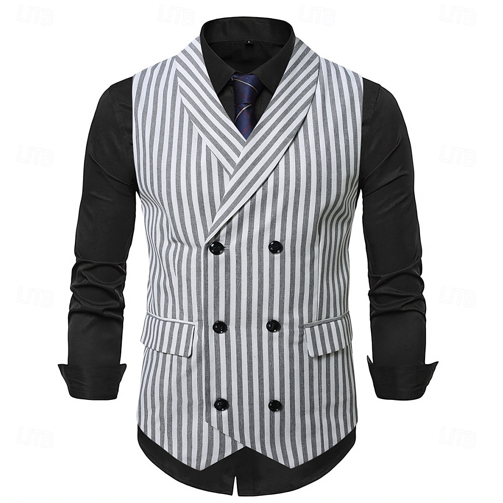Homens Colete Traje para coquetel Convidado do casamento Casual Vintage Primavera Outono Trespassado Poliéster Ajustável Listrado Fino Cinzento Claro Cinzento Escuro Colete de 2026 por $34.99 –P1