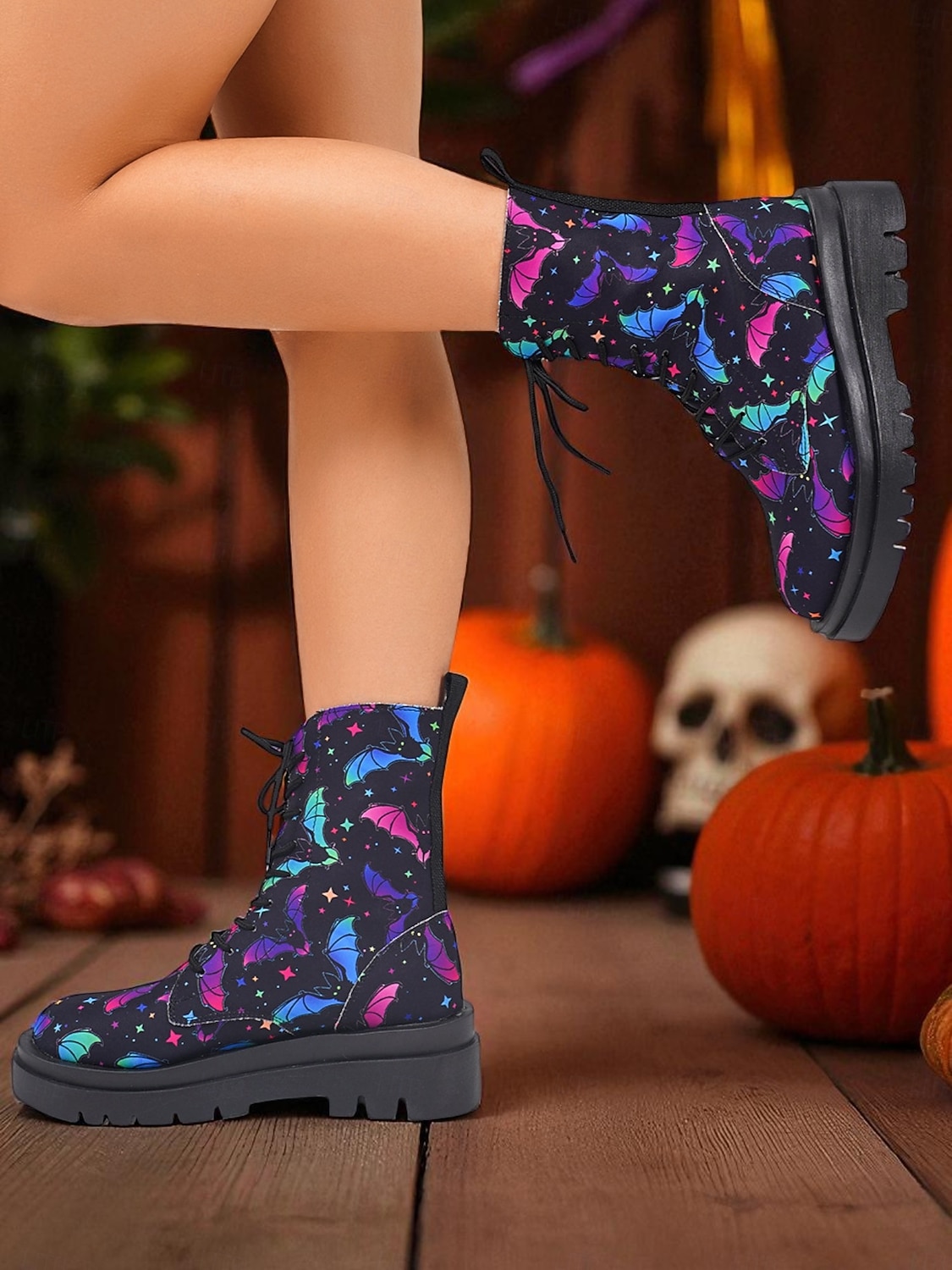 női koponyamintás harci csizma vastag talppal – gótikus fűzős bokacsizma halloweenre, fesztiválokra és alternatív utcai viseletre 2025 - $29.99 –P1
