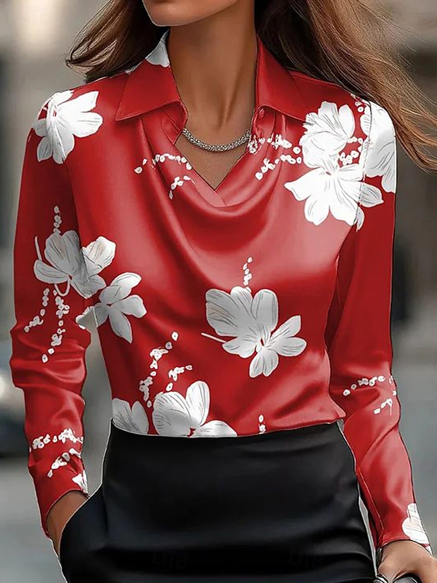Dame Skjorte Blomstret Grafisk Abstrakt Elegant Stilfull Fritid Langermet Cowl-hals Vanlige topper Arbeid Festkveldsklær Daglig Rynket Drapering Rosa Rød Navyblå Beige Sommer Høst 2025 - $29.99 –P3