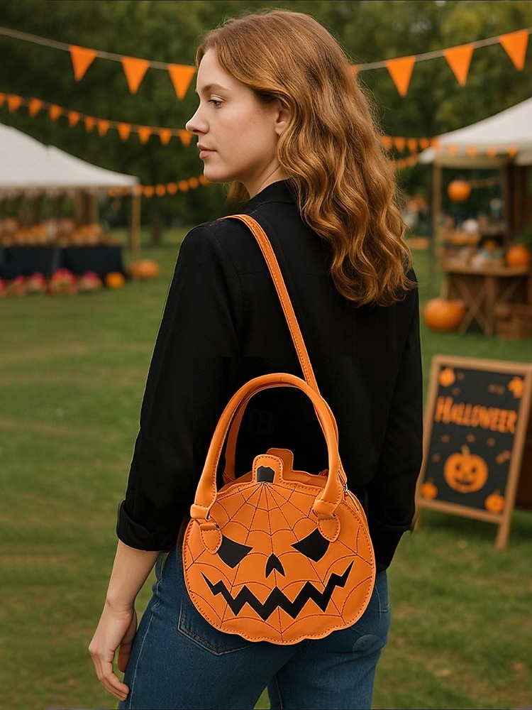Halloween-pumpahandväska för kvinnor – söt axelväska med pumpamotiv och spindelnätsdesign, väska i konstläder för fest, cosplay och högtidskläder 2025 - $18.99 –P2