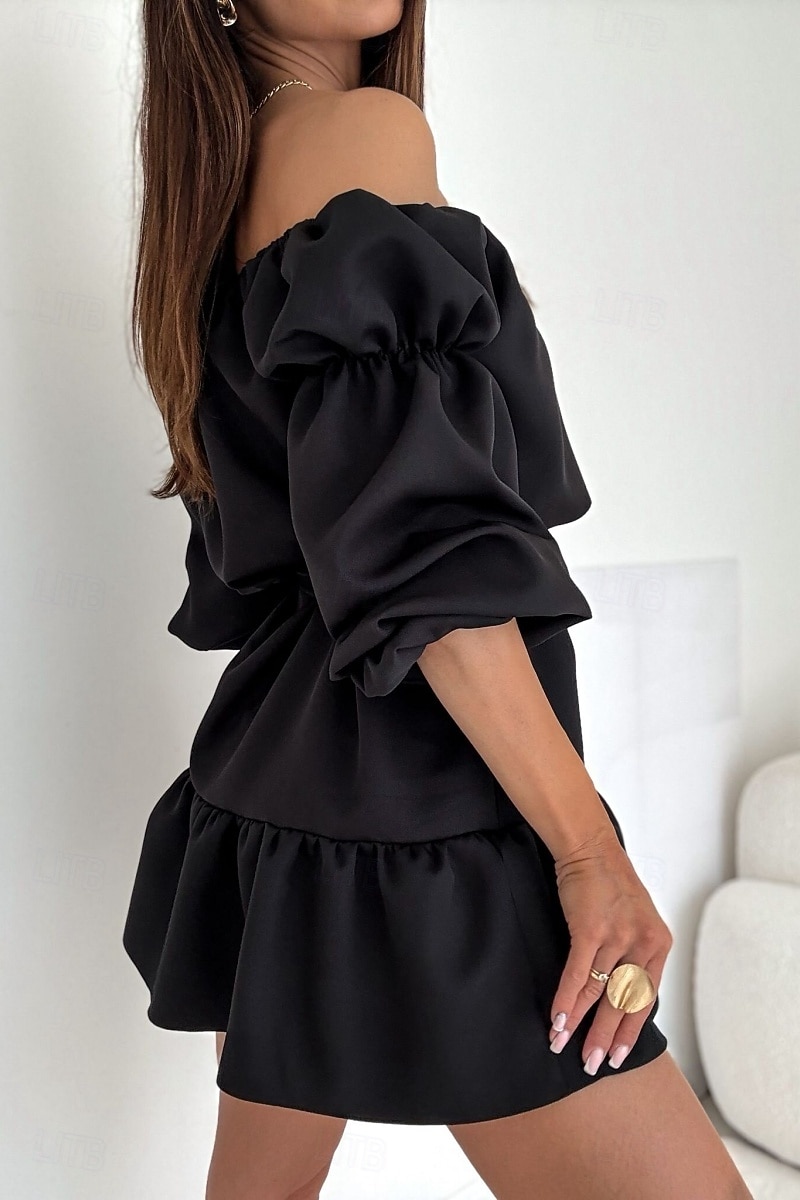 Damen Minikleid Schößchen Kleider Elegant Täglich Ferien Ausgehen Normale Passform Einfarbig Langarm Schulterfrei Schwarz Weiß Mauva Herbst 2025 - $21.99 –P4