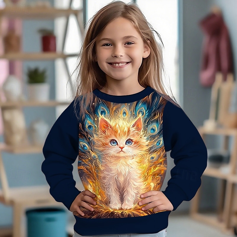 Flickor 3D Katt Tröja Långärmad Vår Höst Mode Grundläggande Barn 4-12 år Rund hals Utomhus Ledigt Dagligen Normal 2025 - $17.49 –P3