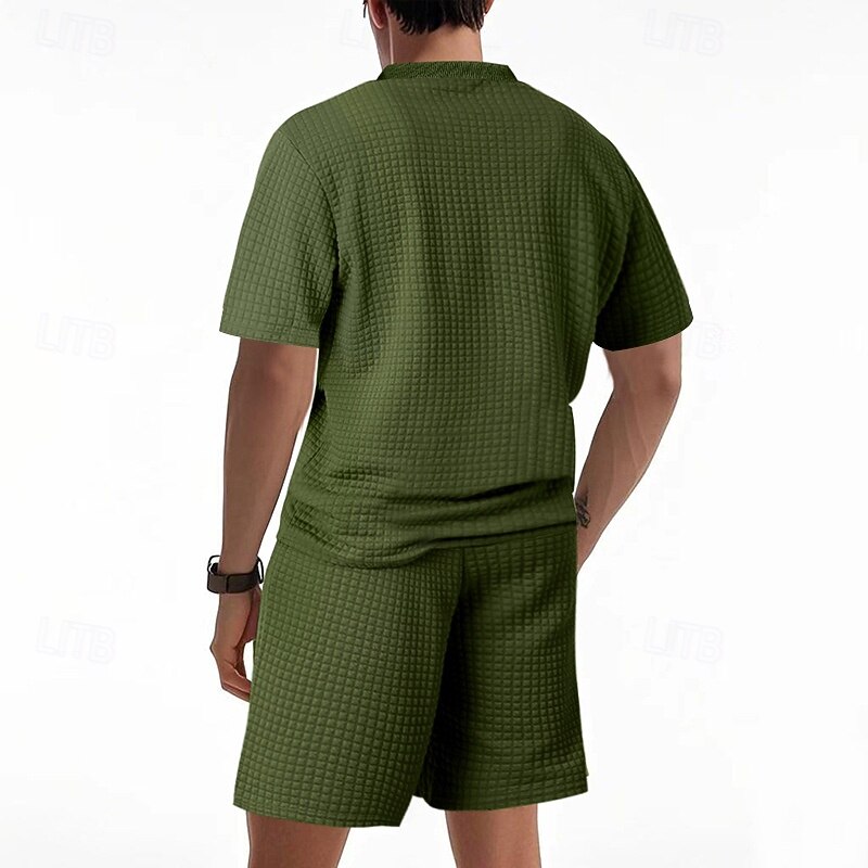 Voor heren Wafel Shirt T-shirt past 2 stuks outfits T-shirt en korte broek Korte mouw Strakke ronde hals Zomer Effen Modieus Casual Jacquard 2-stuks Vakantie Alledaagse kleding Uitgaan Zwart Wit Khaki 2025 - $36.99 –P20