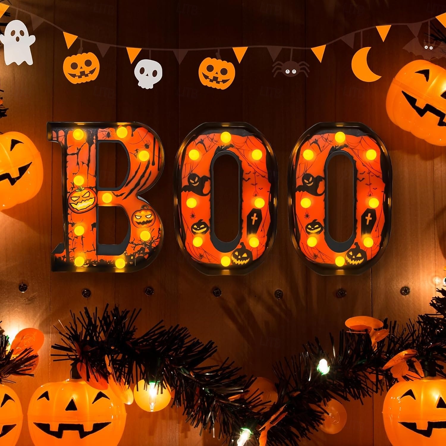 Halloween-dekorasjoner innendørs - 3 LED-telt med lysende bokstaver, svart boo-skilt, halloween-bokstavlys til hjemmet, innendørs kjøkken, peis, festbord, dekorutstyr 2025 - $21.97 –P2