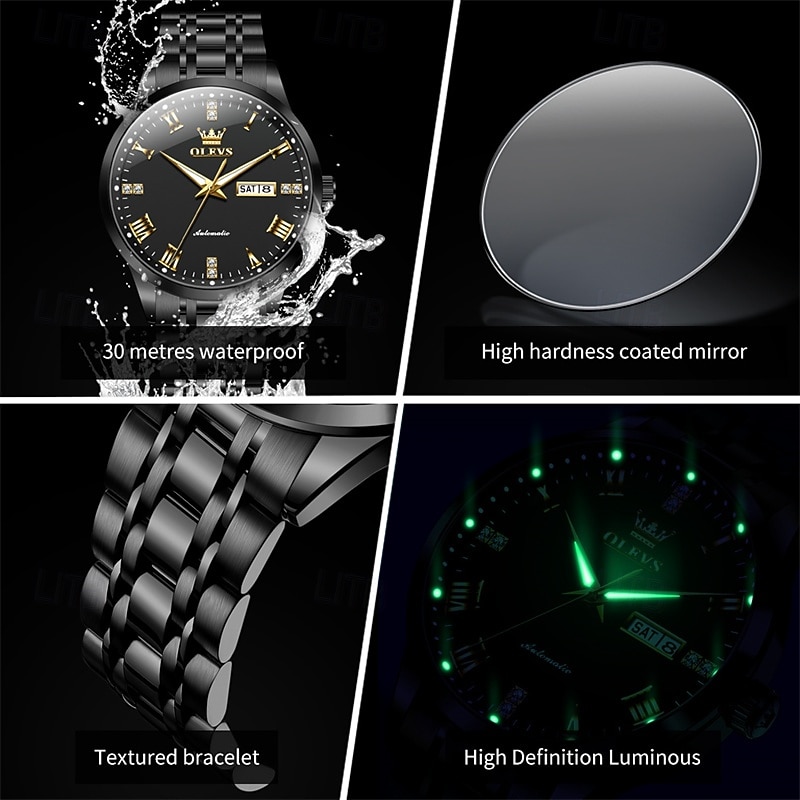 OLEVS Men's Automatic Mechanical Watch, Luxury Stainless Steel Business Dress Watch for Men, Self Winding Wristwatch with Day Date, Waterproof Luminous Diamond Roman Numerals Black Dial Gift Box 2026 - $81.99 –P18