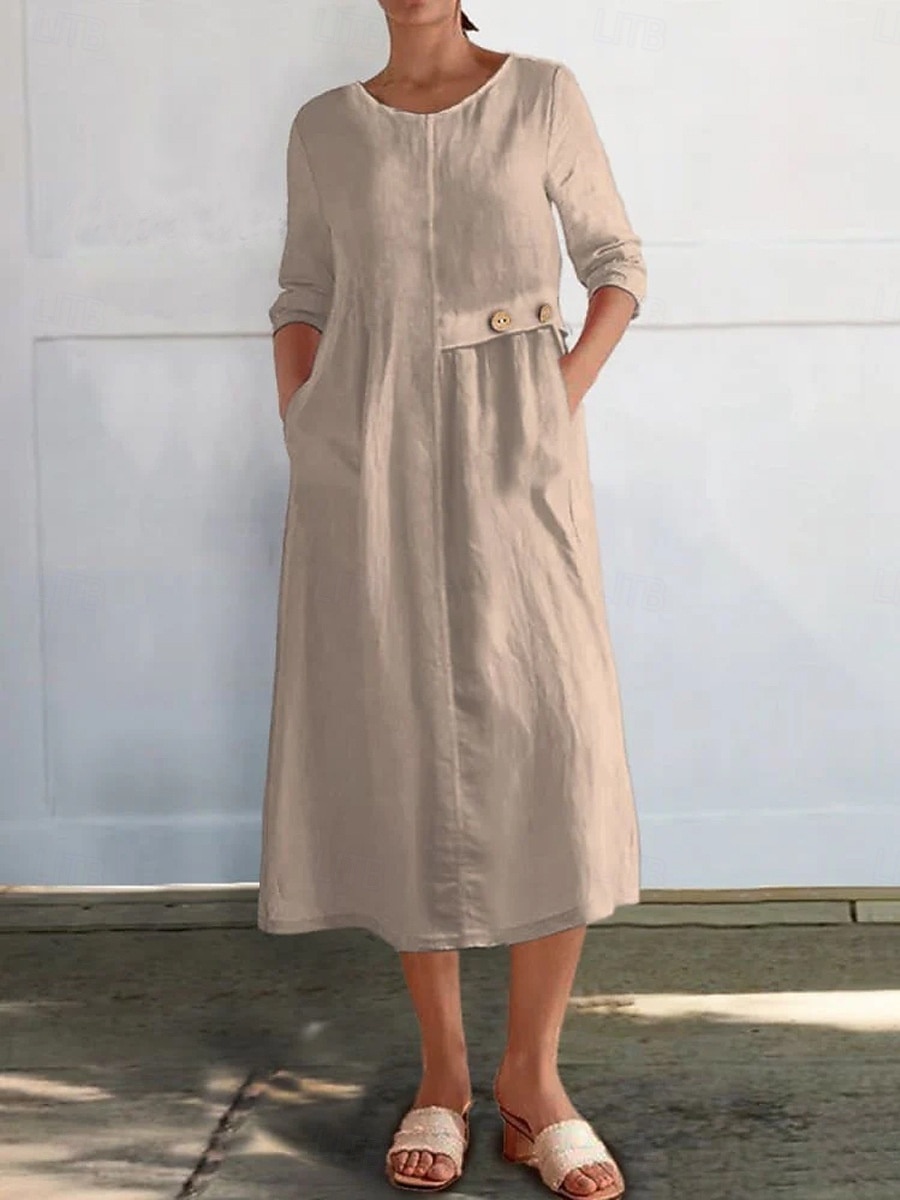 Femmes Robe Midi Robe Décontractée Robe en coton et lin Basique Moderne Quotidien Week-end Coupe régulière Uni Manche 3/4 Col ras du cou Noir Blanche Jaune Rouge Été Printemps Automne de 2025 ? $28.99 –P7