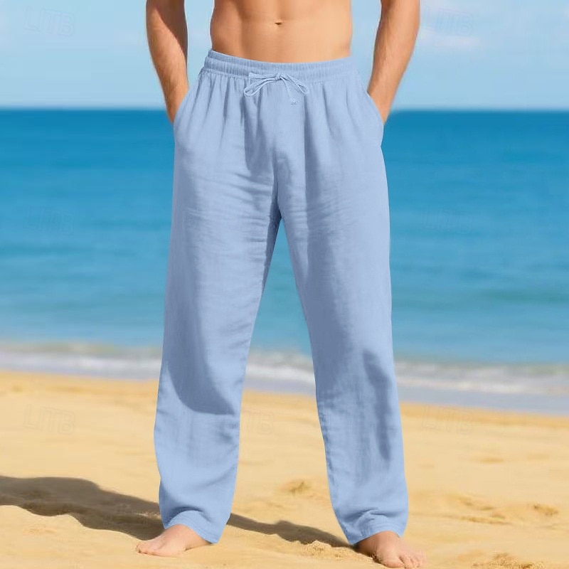 Men's Linen Pants Trousers Summer Pants Beach Pants Drawstring Elastic Waist Straight Leg Plain Comfort Breathable Full Length Casual Daily Beach Vacation Fashion White Sky Blue 2026 - $22.99 –P14