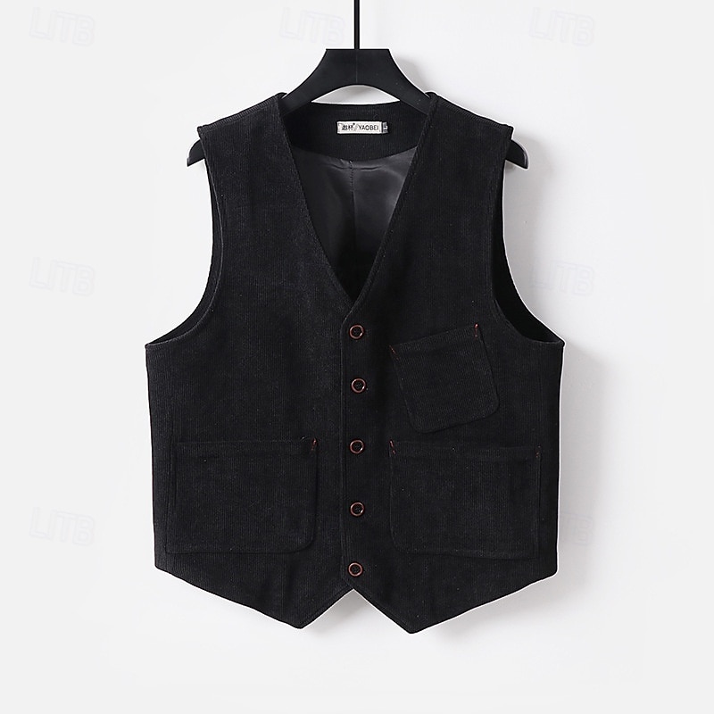 Herren Cordweste Weste Gilet Urlaub Party Geschäft Mode Lässig Frühling Herbst Tasche Knöpfe Polyester Bequem Einfach Einreihig Ein-Knopf V Ausschnitt Normale Passform Schwarz Grün Kaffee Weste 2025 - $38.99 –P11