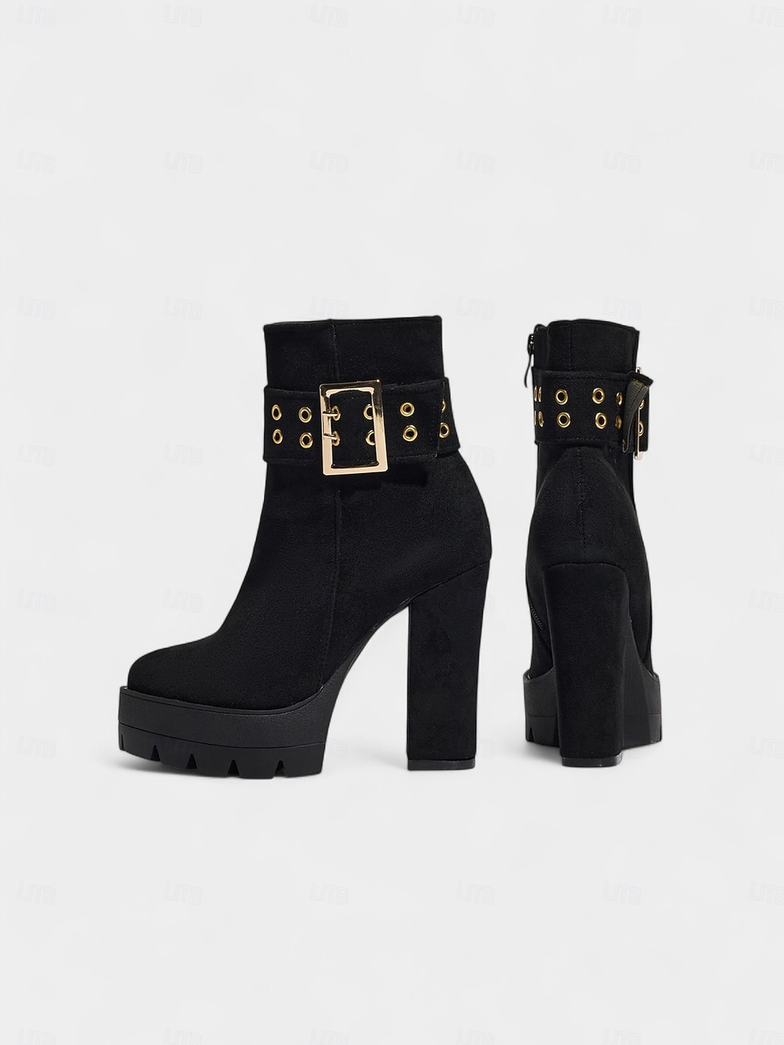 bota feminina plataforma de camurça preta com salto grosso e fivela dourada &fecho de zíper - festa ousada &calçados de concerto para looks de outono e inverno de 2025 por $59.99 –P7