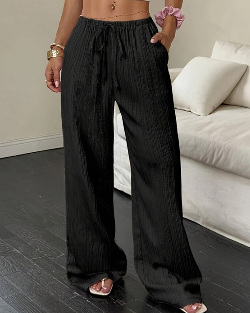 Dam Brett skaft Byxor Palazzo byxor Mode Streetwear Fullängd Hög midja Slät Elastisk midja Mateial som andas Bekväm Gata Dagliga kläder Utekväll Svart Vit Rodnande Rosa Kaki Sommar Vår Normal 2025 - $20.99 –P6