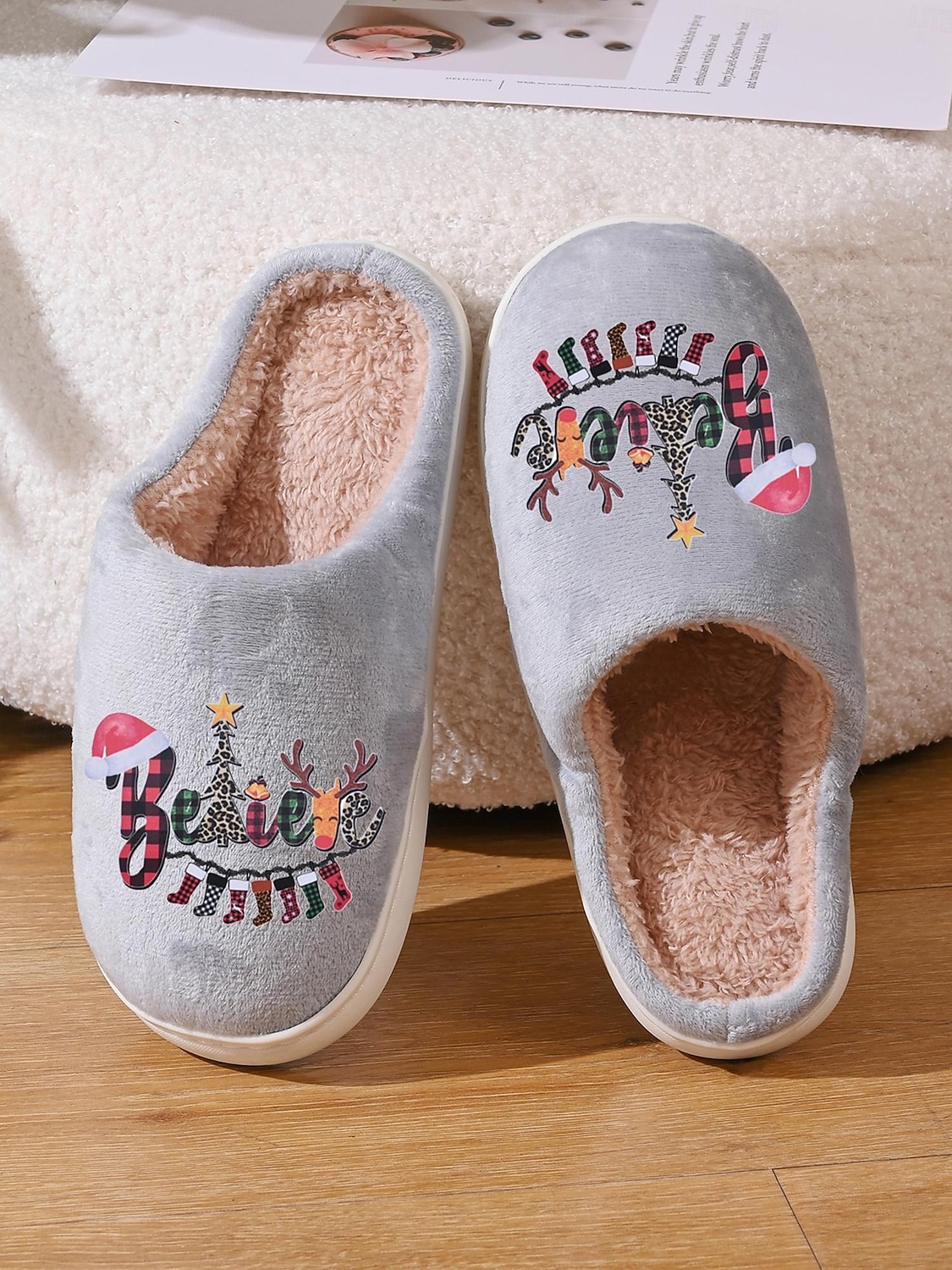 pantofole natalizie grigie da donna con fodera in peluche e stampa Believe: calde scarpe da interno per le vacanze, l'inverno e le riunioni di famiglia del 2025 a $18.99 –P3