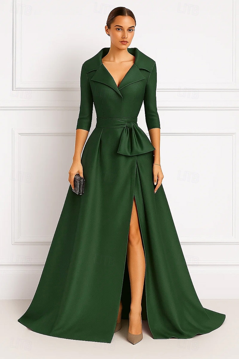 abito da sera elegante con scollo a V, a trapezio, abito formale da sposa, strascico a ruota, manica a 3/4, scollo a V, raso elasticizzato con fiocco e spacco 2025 del 2025 a $149.99 –P1