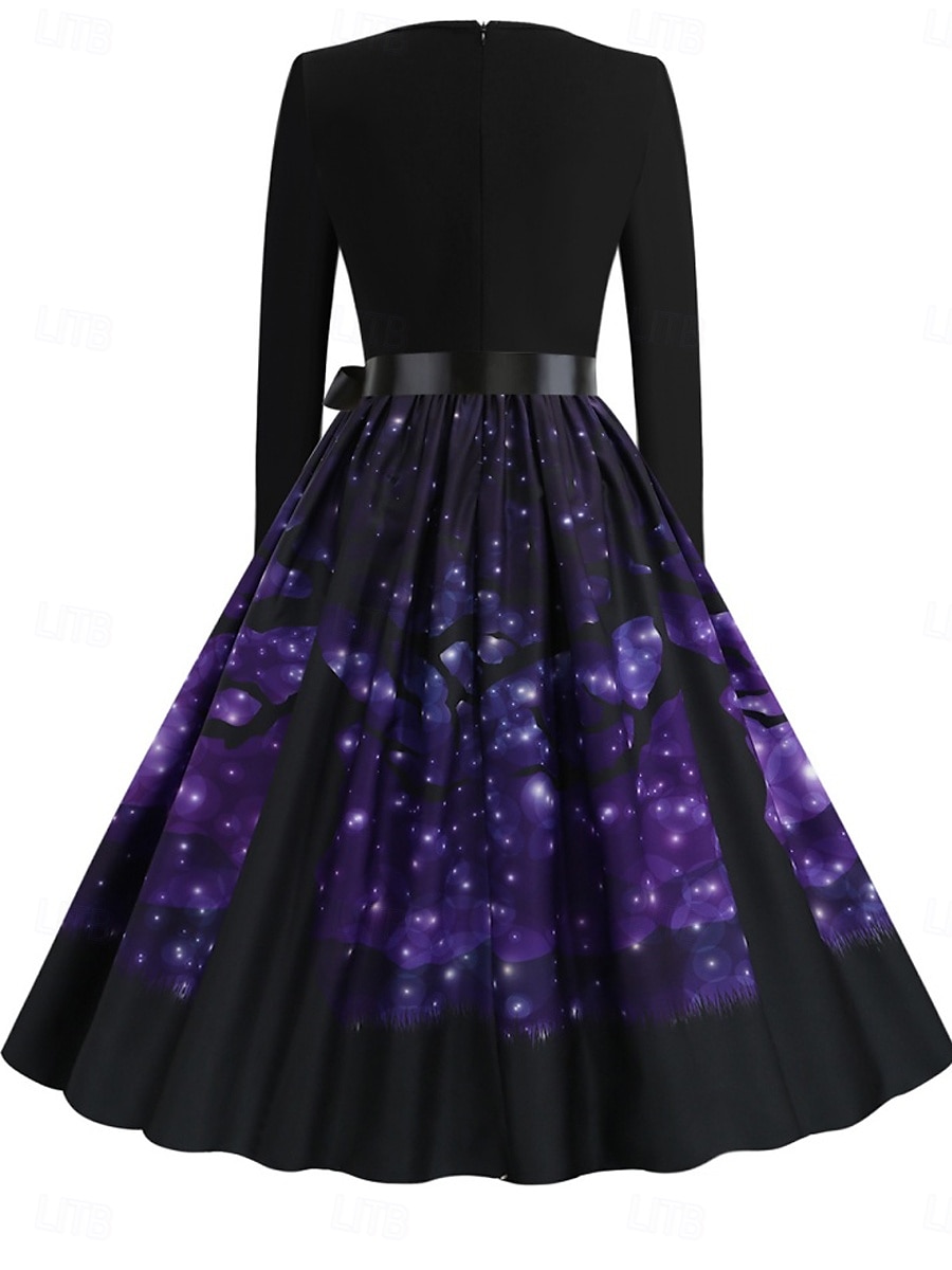 Rochie midi de Halloween pentru femei cu imprimeu de dovleac rochie în formă de A casual zi de zi vacanță croială regulată dovleac mânecă lungă guler în V galben albastru mov portocaliu vară 2025 - $28.99 –P4