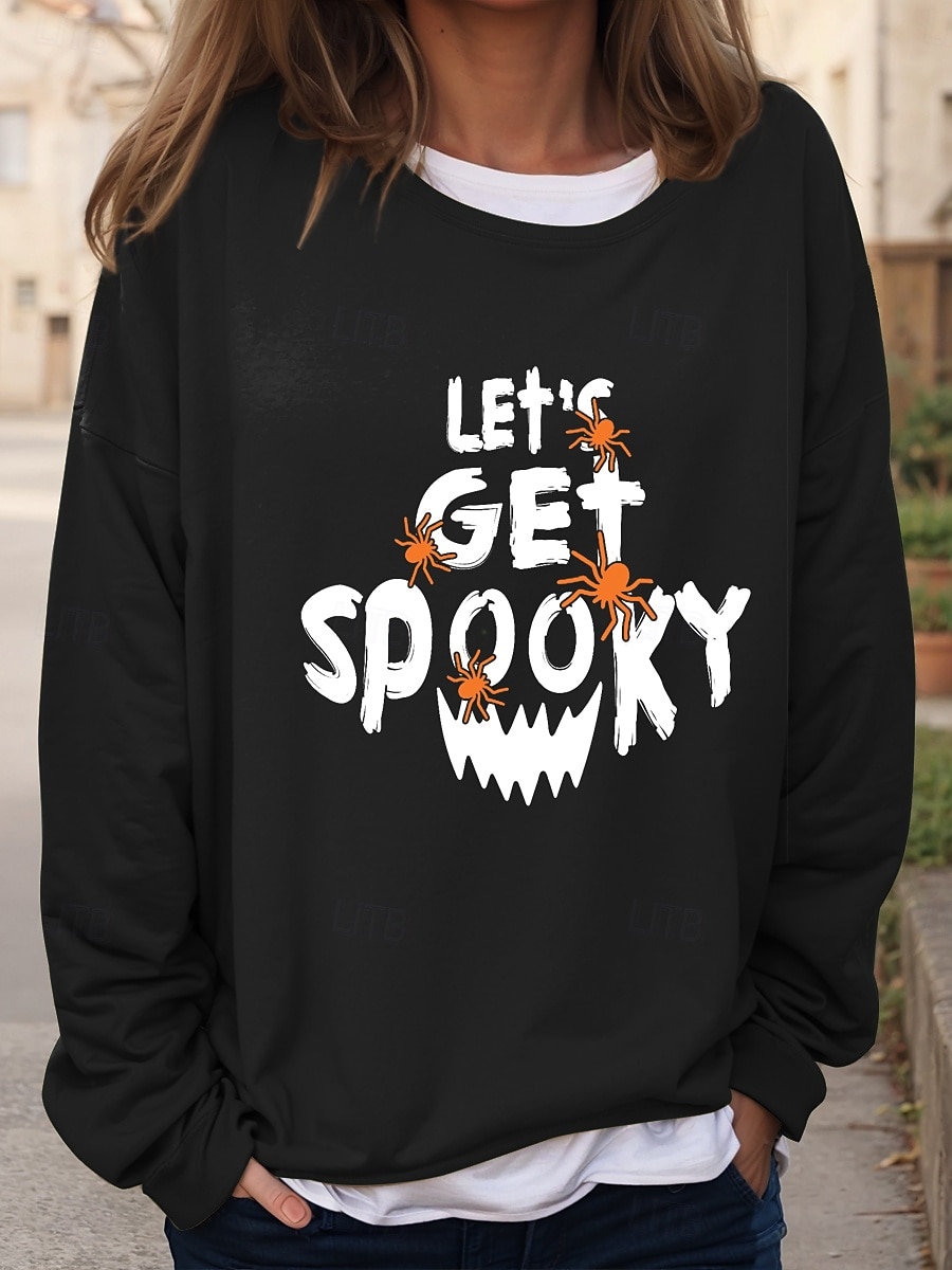 Bluzy damskie na Halloween, graficzne, codzienne, z długim rękawem, z okrągłym dekoltem, regularne, z nadrukiem, czarne, niebieskie, pomarańczowe, zielone, khaki, jesienne i zimowe 2025 - $24.99 –P2
