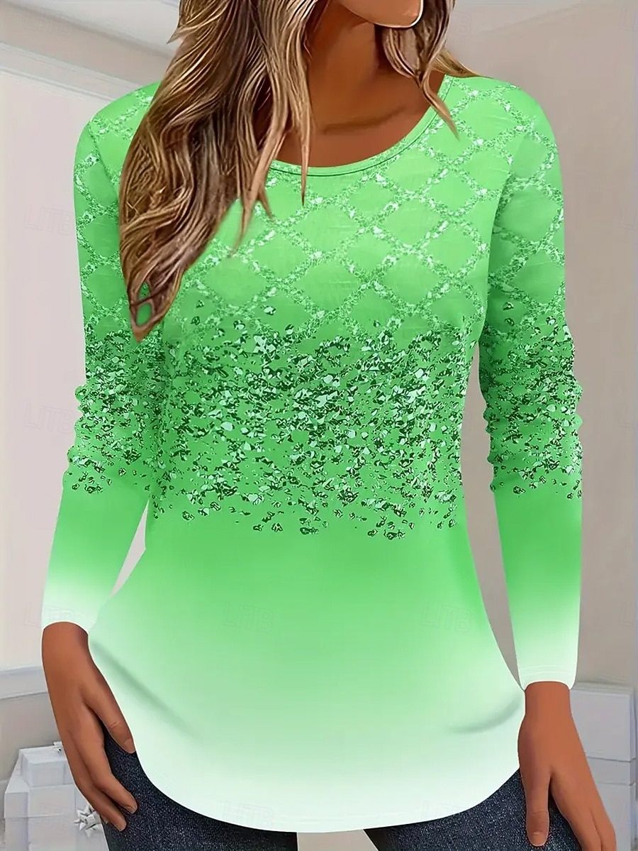 Жен. Футболка С принтом Омбре Графика Геометрический принт Винтаж Мода Стиль Длинный рукав Вырез под горло Круглый вырез Обычные топы Повседневные выходные Синий Розовый Зеленый Лето Весна Осень 2026 - $24.99 –P4