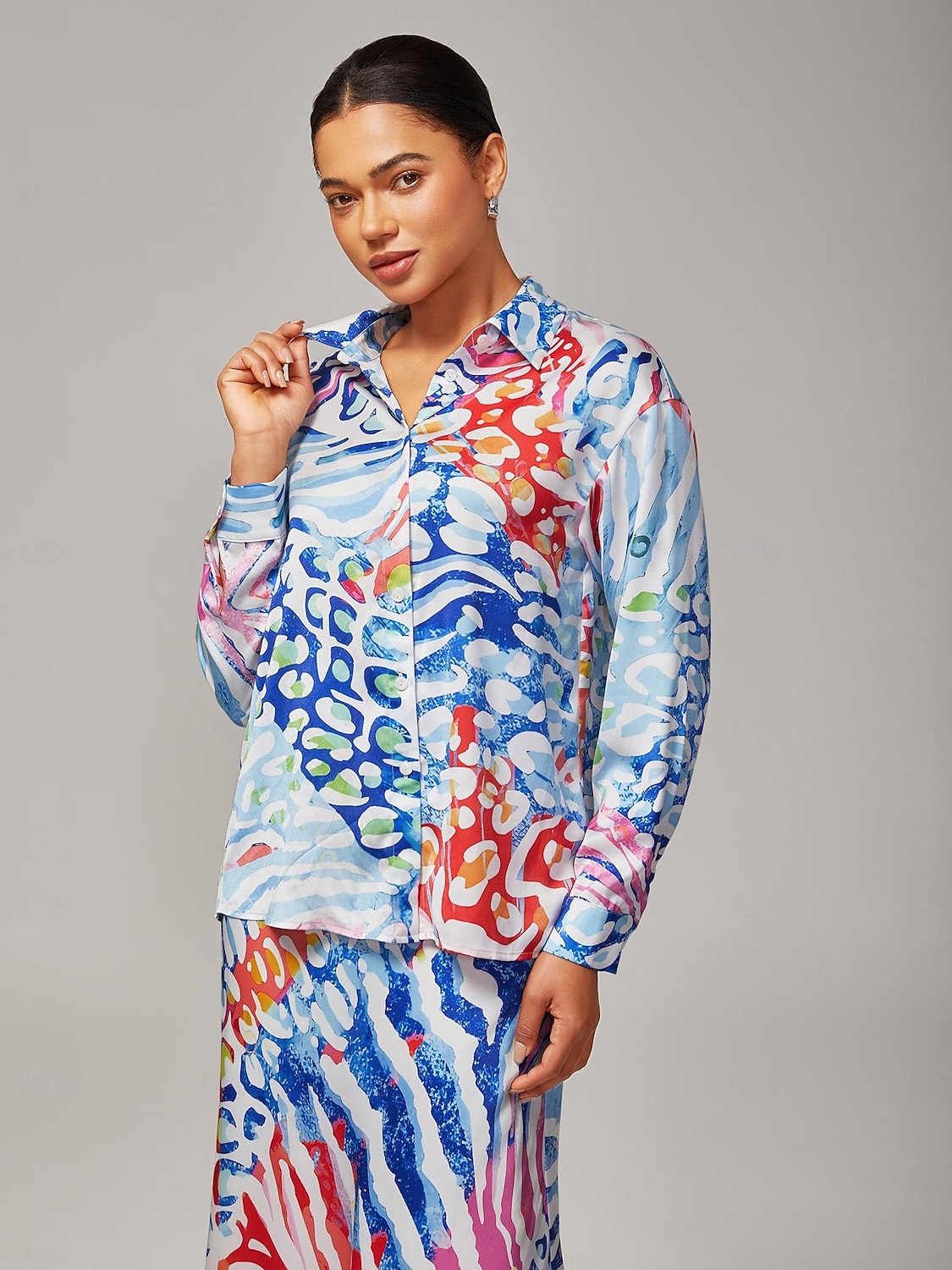 Damen Aquarell Leopardenmuster Satin lockeres kurzes Hemd mit überschnittenen Schultern Hemdkragen elegant stylisch lässig kräftiger Druck tägliche Arbeit Herbst 2025 - $58.99 –P6
