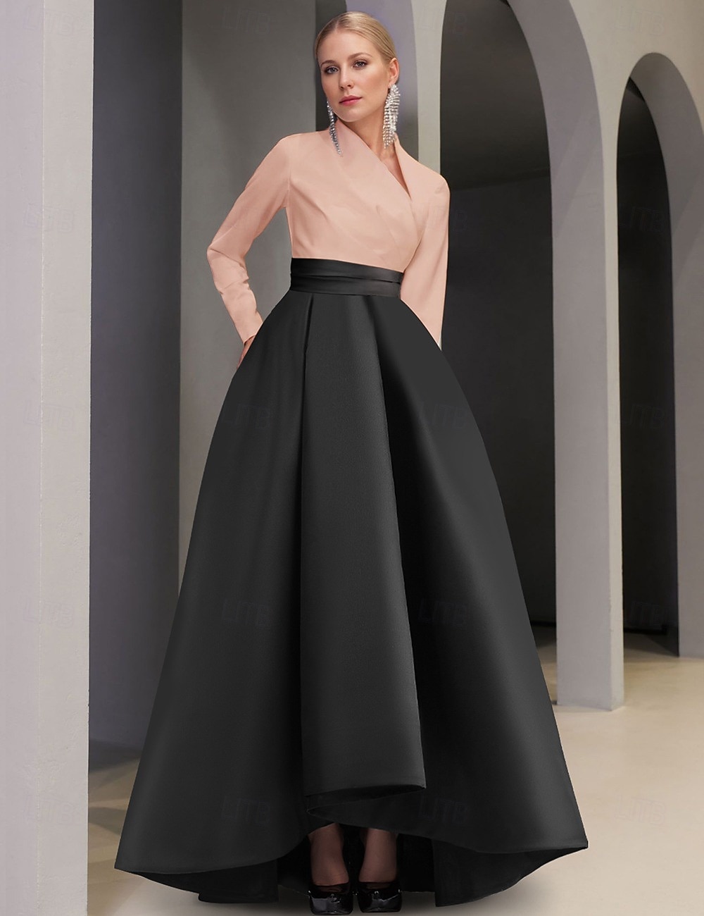 Black Tie A-Linie Abendkleid Elegantes Kleid Formelle Hochzeitsgast Asymmetrisch Langarm V-Ausschnitt Tasche Satin mit Tasche 2025 - $174.99 –P4