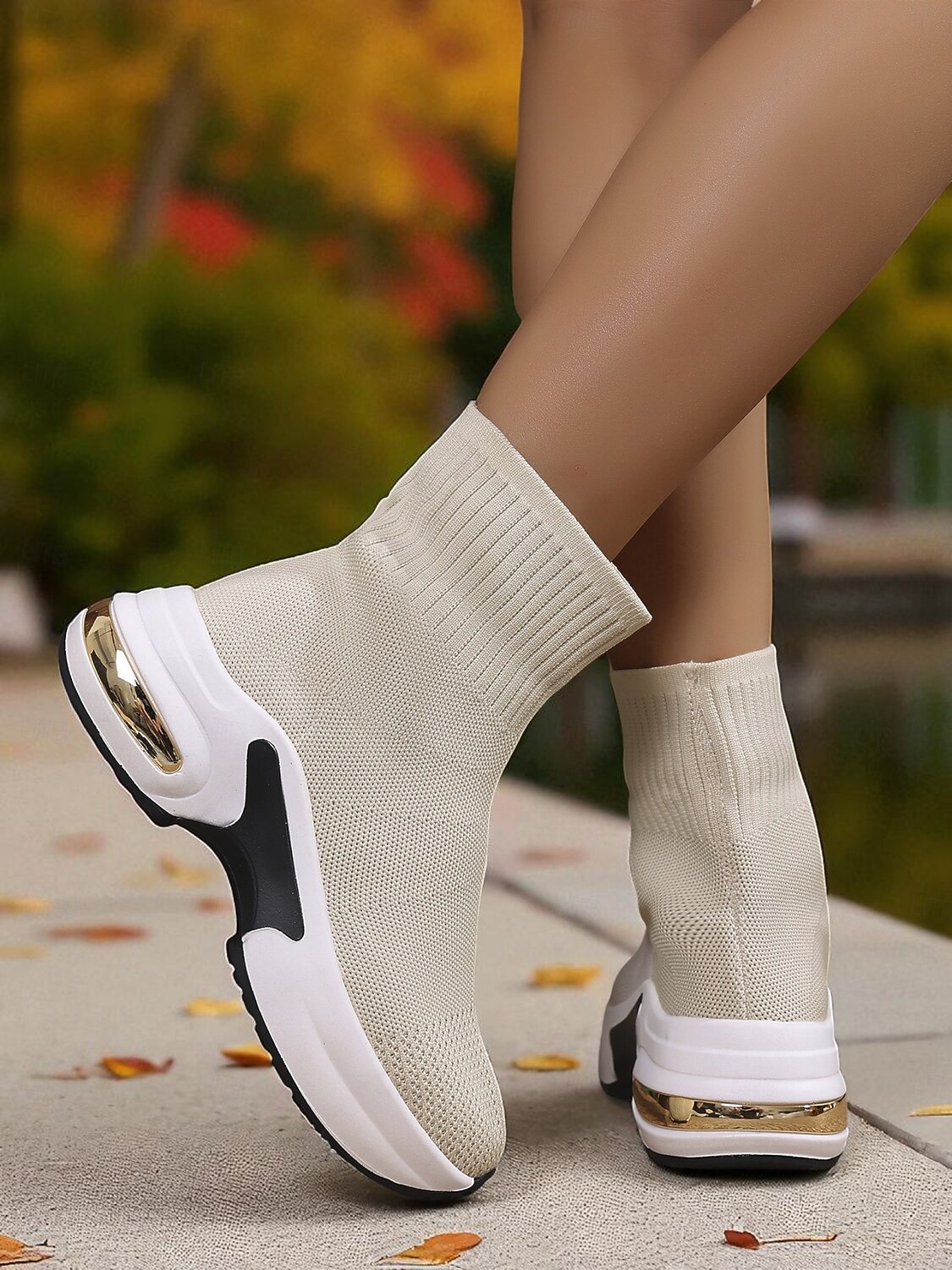 Dámské béžové ponožkové kozačky z flyknit pleteniny s platformovou podrážkou – lehká ležérní obuv na outdoor, cestování a sport 2025 - $42.99 –P4